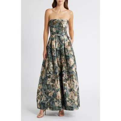 Tahari Asl Floral Strapless Ball Gown In Blush Sage Multi