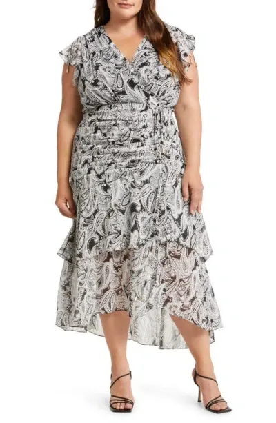 Tahari Print Ruched Maxi Dress In Black Ivory