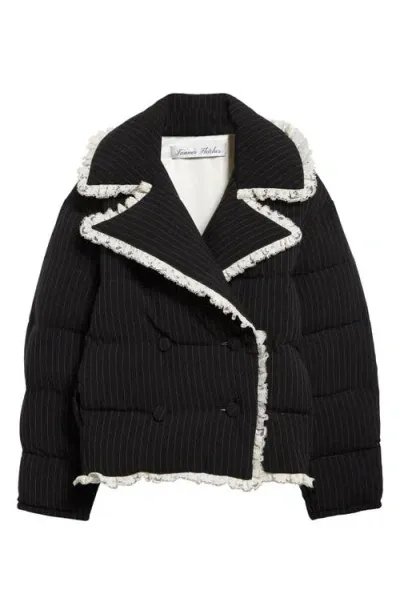 Tanner Fletcher Gender Inclusive Rita Pinstripe Lace Trim Quilted Puffer Jacket In Black Pinstripe