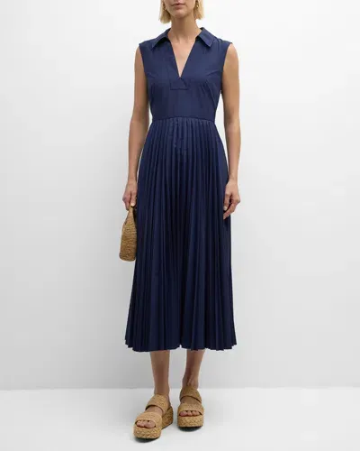 Tanya Taylor Carissa Sleeveless Pleated V-neck Midi Dress In Maritime Blue