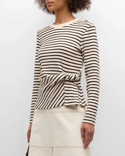 Tanya Taylor Carlita Twisted Stripe Organic Cotton Long-sleeve Top In Black/chalk Wide Str