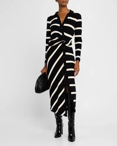 Tanya Taylor Ellicot Stripe Asymmetric Buttoned Midi Dress In Blackchalk Wide Stripe