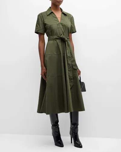 Tanya Taylor Shiv Belted Short-sleeve Midi Shirtdress In Army