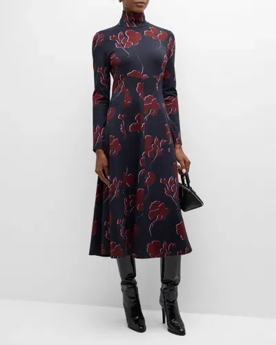 Tanya Taylor Thea Long-sleeve Floral Turtleneck Midi Dress In Dark Navy/ Mulberry  Multi