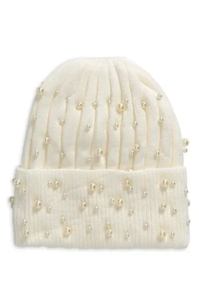 Tasha Imitation Pearl Pompom Beanie In Cream