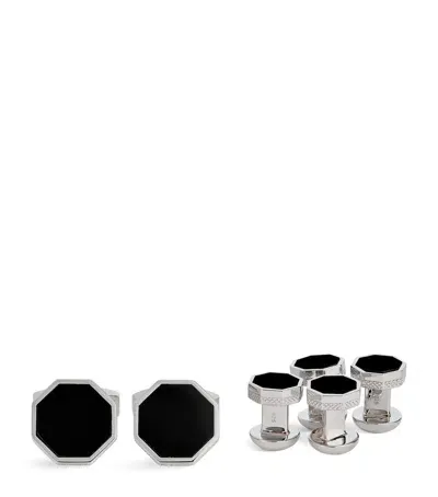 Tateossian Sterling Silver And Onyx London Eye Cufflinks And Studs Set In Black