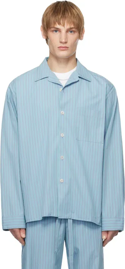 Tekla Ssense Exclusive Blue Auralee Edition Cotton Poplin Pyjama Shirt In Mist Stripes