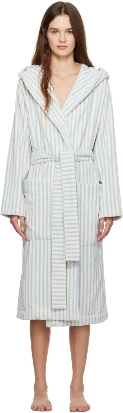 Tekla White & Blue Terry Hooded Bathrobe In Soft Blue Stripes