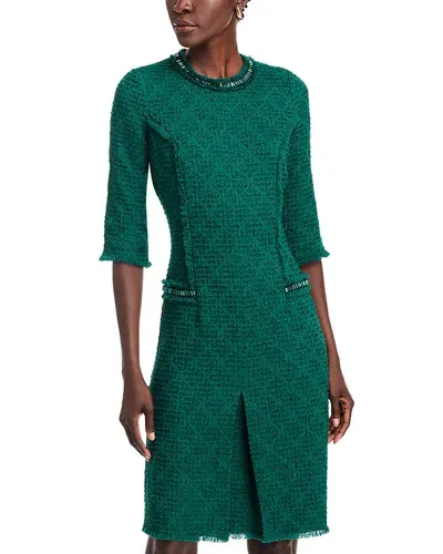 Teri Jon By Rickie Freeman Fringe Trim Stretch Boucle Dress In Emerald