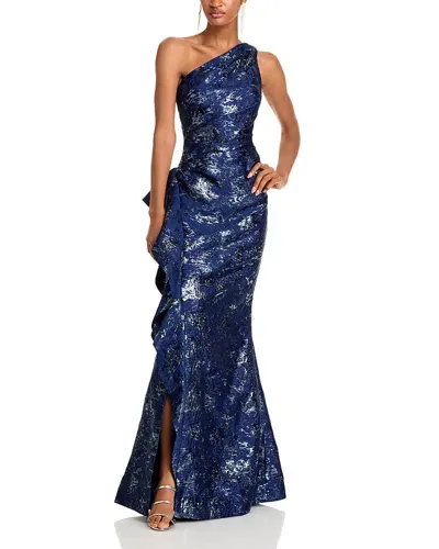 Teri Jon By Rickie Freeman Metallic Jacquard One-shoulder Gown In Navy