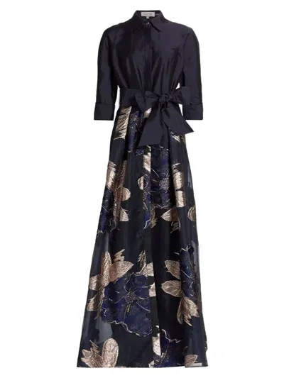 Teri Jon By Rickie Freeman Women's Burnout Floral Taffeta Shirtwaist Gown In Navy Multi