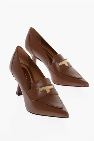 Testoni Leather Julie Pumps With Golden Detail Heel 7.5cm In Brown