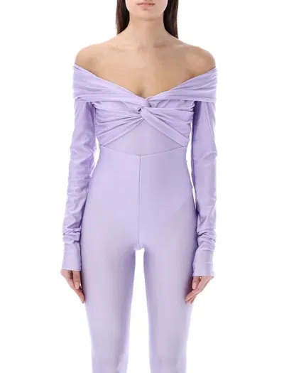 The Andamane Kendall Off The Shoulder Lycra Bodysuit In 연보라색