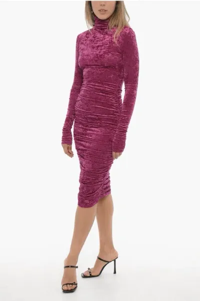 The Andamane Long-sleeved Velvet Draped Dress In Purple