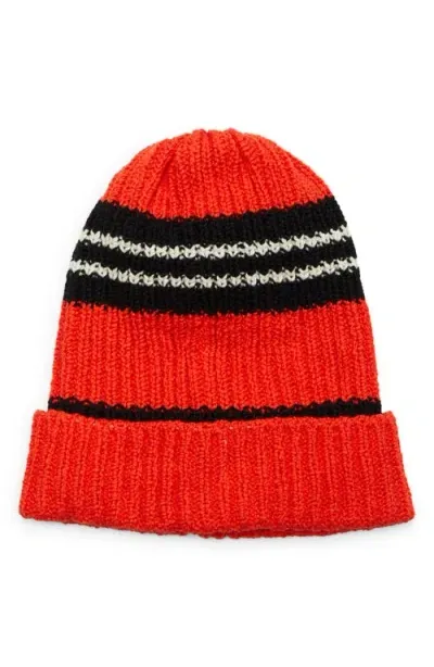 The Elder Statesman Nora Rollie Stripe Cotton Beanie In Neon Red/black