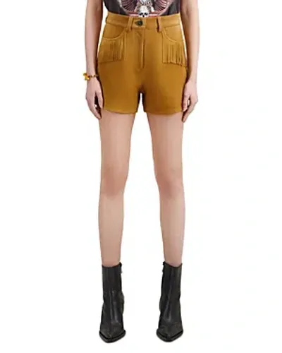 The Kooples Leather Fringe Shorts In Camel