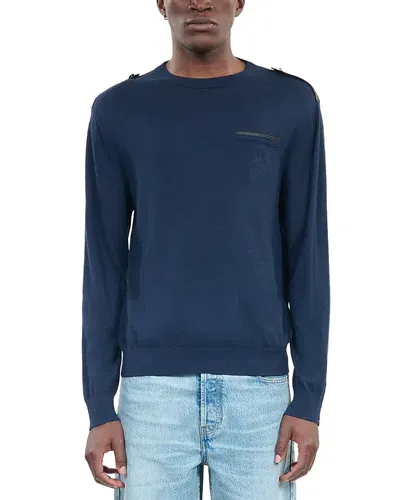 The Kooples Merino Wool Leather Trimmed Straight Fit Sweater In Dark Blue