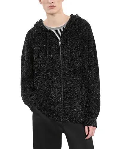 The Kooples Nylon Glittery Straight Fit Full Zip Hooded Cardigan In Black