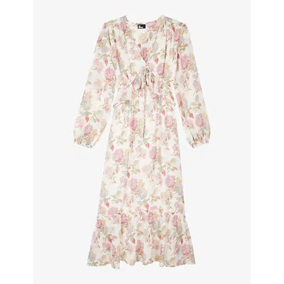 The Kooples Ruffle-trim Floral-print Silk Maxi Dress In Beige / Red