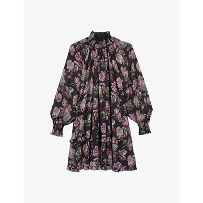 The Kooples Floral Smocked Mock Neck Mini Dress In Black/purple