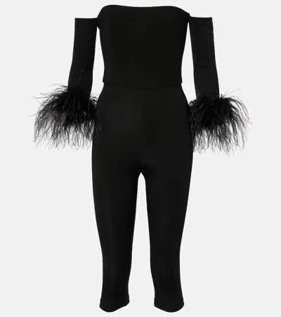 The New Arrivals Ilkyaz Ozel Feather-trimmed Off-shoulder Jumpsuit In Black