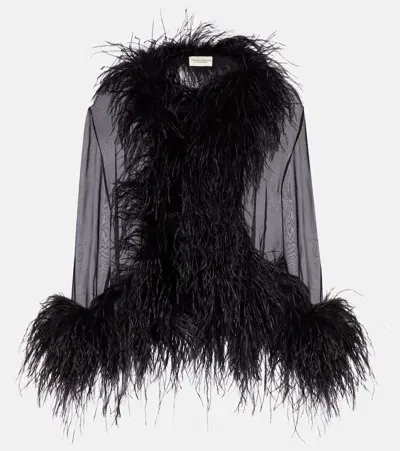 The New Arrivals Ilkyaz Ozel Feather-trimmed Silk Chiffon Top In Black