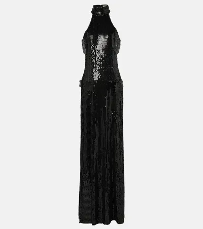 The New Arrivals Ilkyaz Ozel Sequined Cutout Halterneck Gown In Black