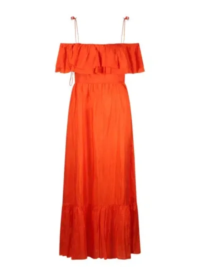 The Rose Ibiza Ruffled Silk Long Dress In Orange