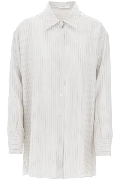 The Row 'striped Silk Luka Shirt In In Grey