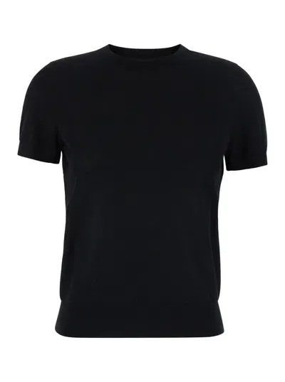 Theory Black Crewneck T-shirt In Wool Blend Woman