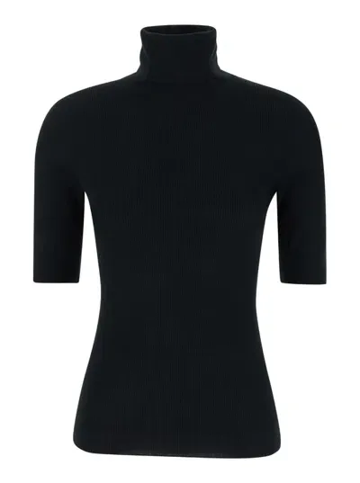 Theory Black Turtleneck Sweater With Short Sleeves In Wool