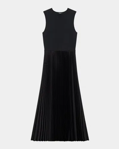 Theory Combo Satin Pleated Dress In Black