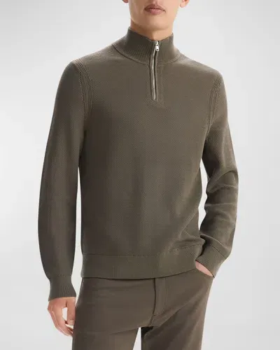 Theory Walton Cotton Honeycomb Textured Quarter Zip Sweater In Hunter Green Melange