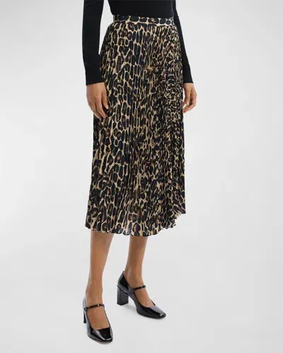 Theory Pleated Leopard-print Midi Skirt In Beige Mlti