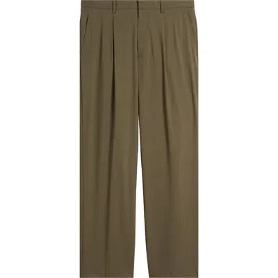 Theory Relaxed Fit Pleated Stretch Wool Dress Pants In Moss - F03