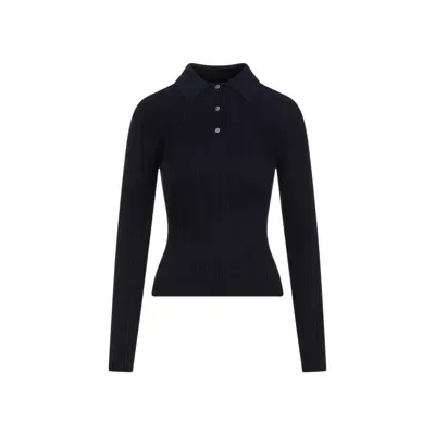 Theory Slim Ribbed Dark Navy Viscose Polo In Black