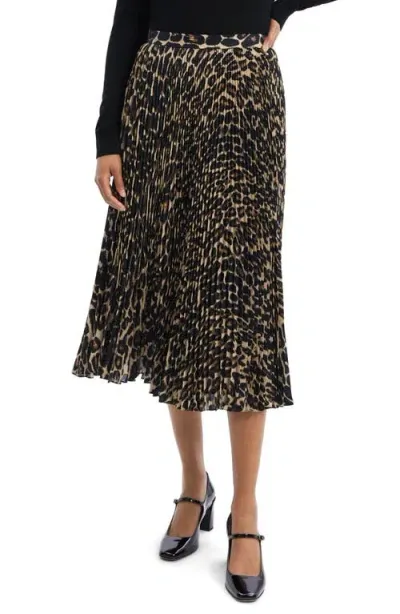 Theory Sunburst Leopard Print Pleated Midi Skirt In Beige Multi