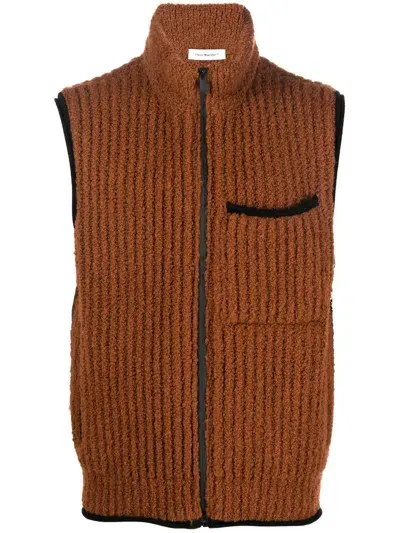 There Was One High-neck Ribbed-knit Zip-up Vest In Brown