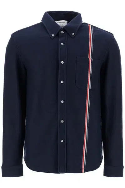 Thom Browne Blue Overshirt With Button Down Collar And Rwb Stripe In Cotton