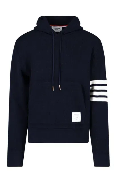 Thom Browne Drawstring Knitted Hoodie In Deep Blue