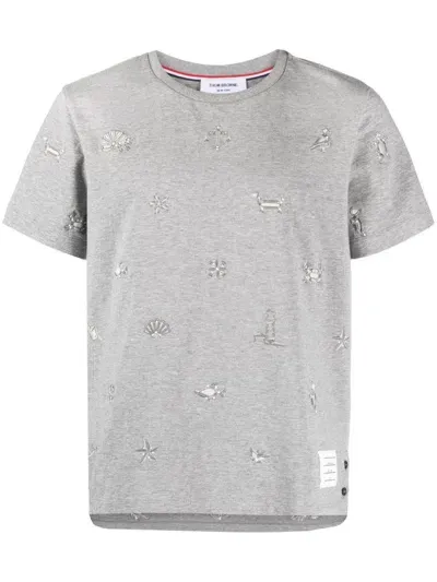 Thom Browne Embroidered Cotton T-shirt In Grey