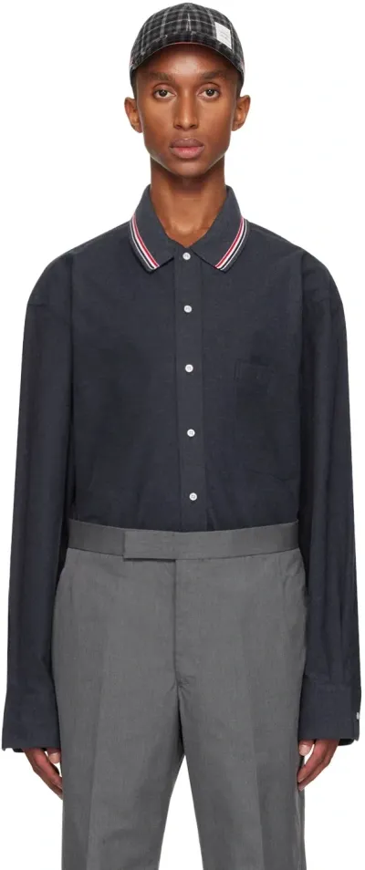 Thom Browne Navy Stripe Cotton Flannel Oversized Shirt In 415 Navy