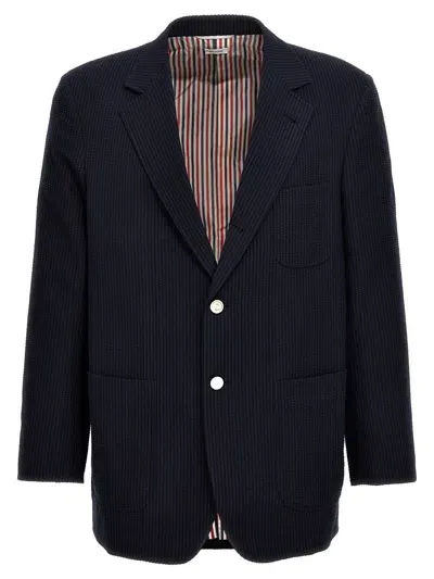 Thom Browne Single-breasted Seersucker Blazer In Blue