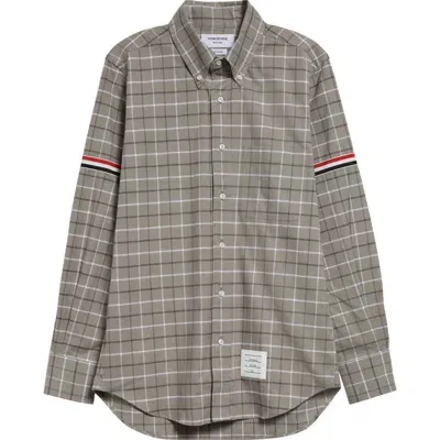 Thom Browne Straight Fit Check Cotton Flannel Button-down Shirt In Medium Grey