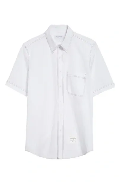 Thom Browne Straight Fit Short Sleeve Cotton Poplin Button-down Shirt In White