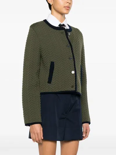 Thom Browne Herringbone Quilted-jacquard Cardigan In 320 Dk Green