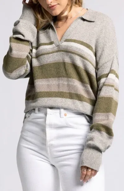 Thread & Supply Aaliyah Stripe Johnny Collar Polo Sweater In Gray Moss Stripe