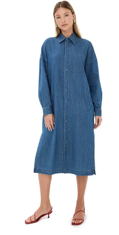 Tibi Lightweight Stone Wash Denim Shirtdress Denim Blue