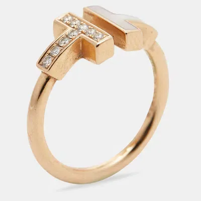 Pre-owned Tiffany & Co Tiffany T Wire Mother Of Pearl Diamond 18k Rose Gold Ring Size 50