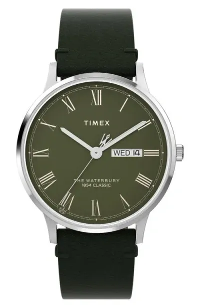 Timex ® Waterbury Leather Strap Watch, 40mm In Green